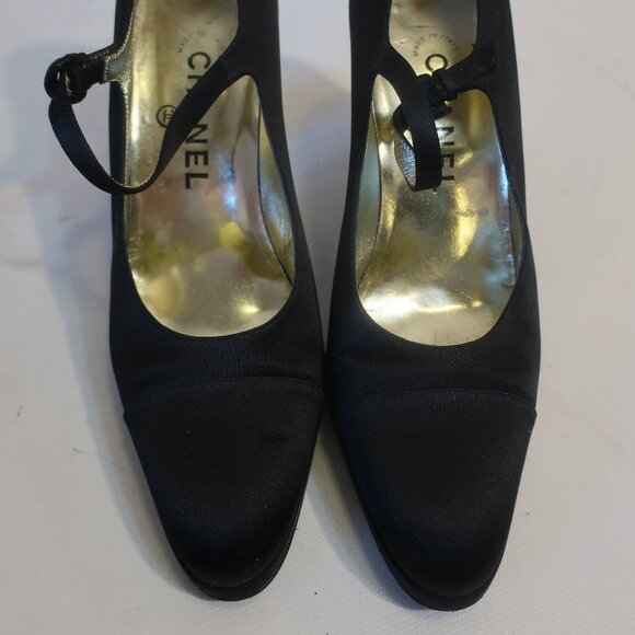 Womens Chanel Black Satin Mini Platform Mary Jane Heels 37.5 US/7 - Picture 10 of 15